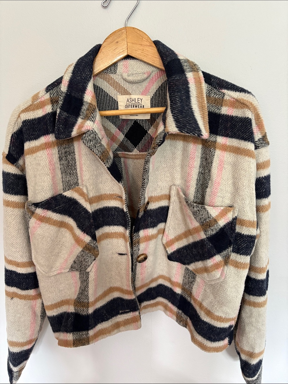 Ashley By 26 International Cream Plaid Shacket with Black & Tan Stripes